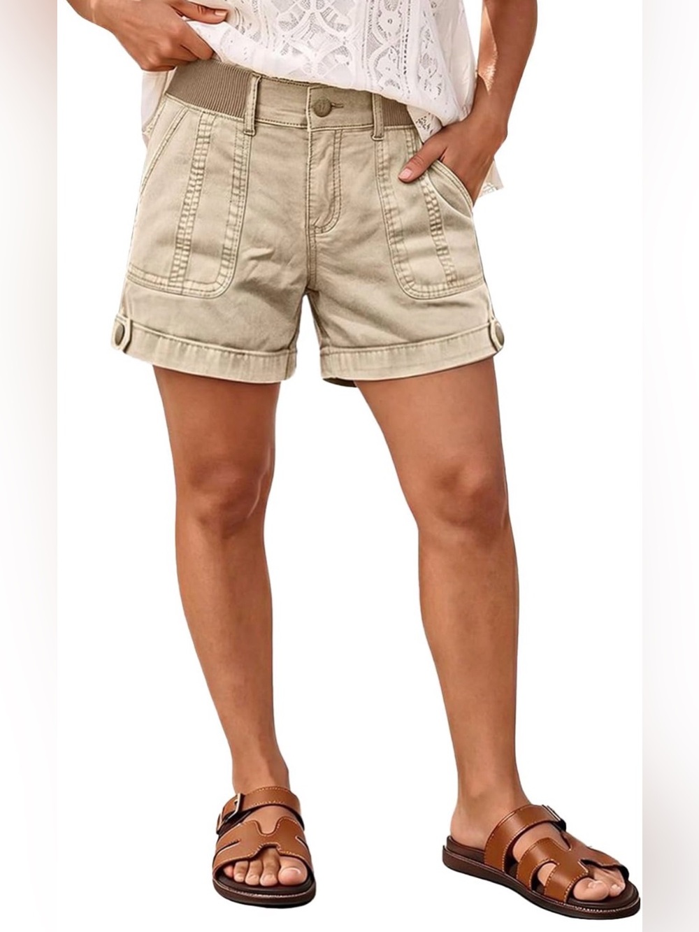 Flamingals Straight Leg Mid Rise Elastic Patch Pocket Shorts for Women L PS9-27